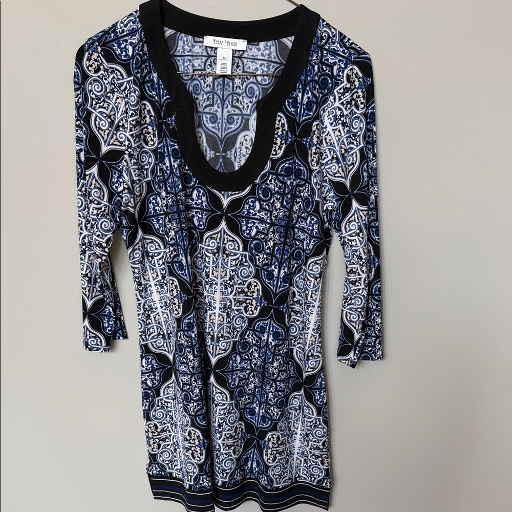 White House Black Market Navy and White Printed Scoop-Neck Tunic